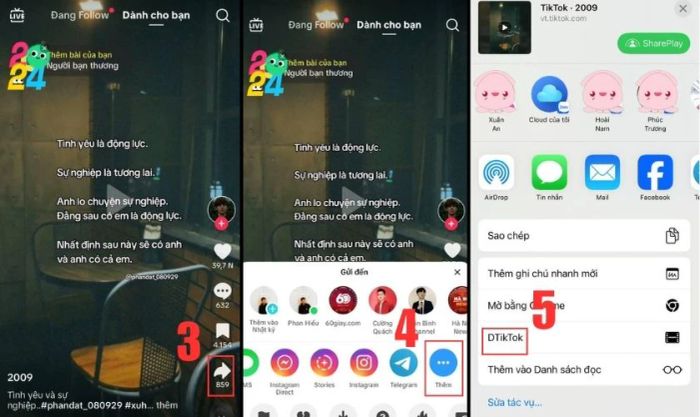 Thực hiện sao chép liên kết video và sử dụng phím tắt DTikTok để tải clip về máy.