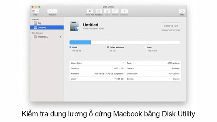 kiểm tra dung lượng macbook thông qua Disk Utility