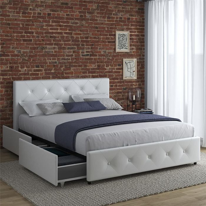 white bed with storage drawers