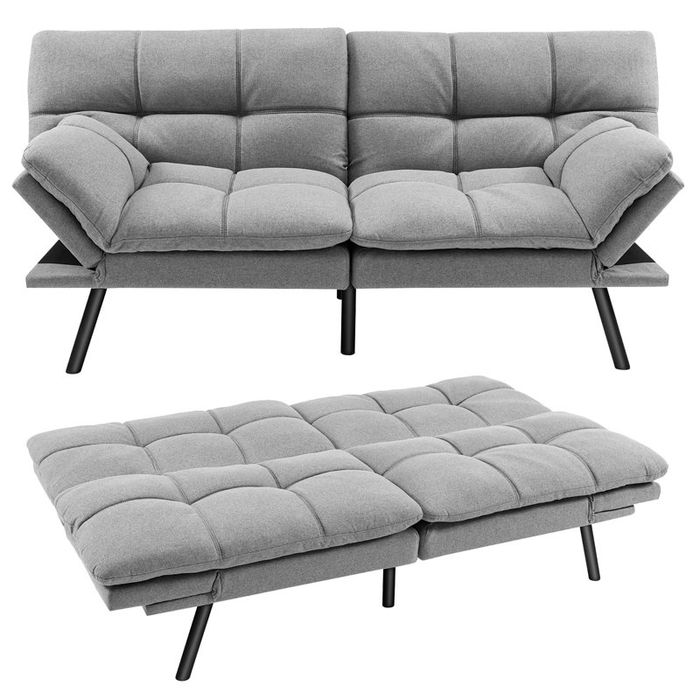 A convertible gray futon sofa bed with tufted cushions, displayed in both sofa and bed setups. Ideal for compact living spaces and versatile functionality.