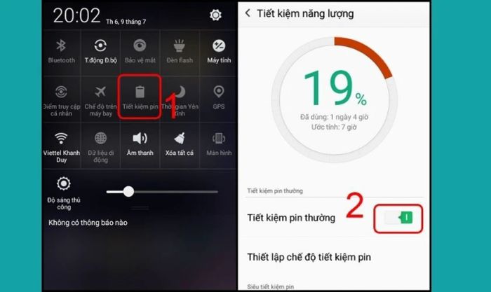 Kéo màn hình từ trên xuống để mở thanh trạng thái, chọn biểu tượng Tiết kiệm pin