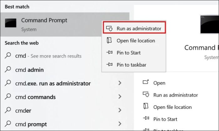 Gõ cmd vào ô tìm kiếm, sau đó nhấp chuột phải, chọn vào Run as administrator