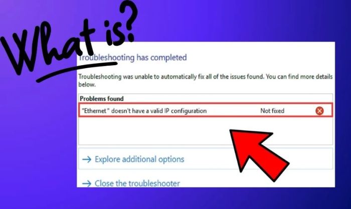 Ethernet không có cấu hình IP hợp lệ là lỗi gì?