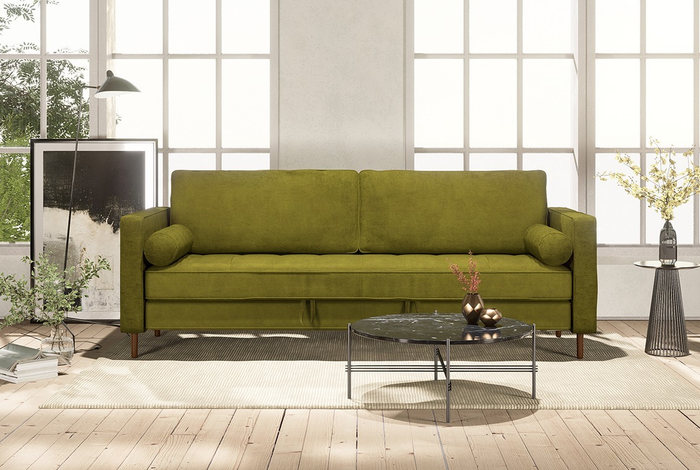 the moss-colored microfiber sleeper sofa in its upright position