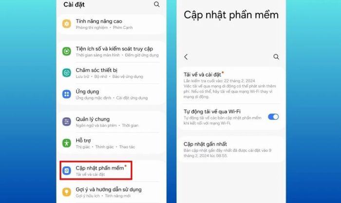 Kiểm tra có bản cập nhật phần mềm mới không, nếu có, nhấn Cập nhật