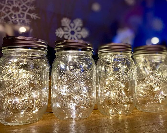 A close-up view of the jar lanterns.