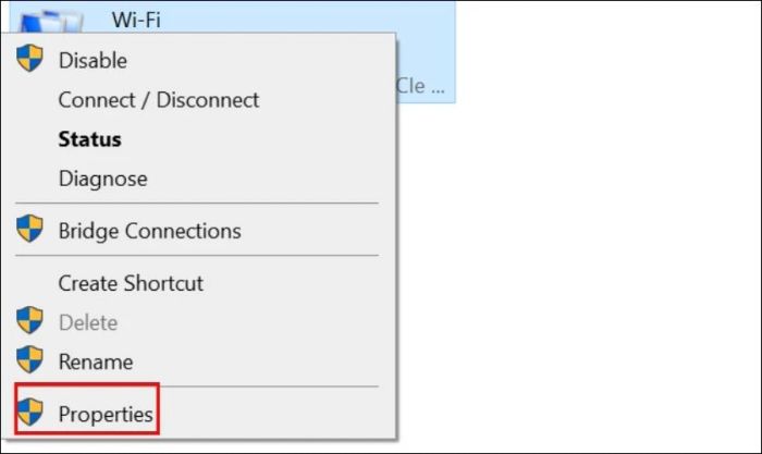 Nhấp chuột phải vào tên card mạng và chọn Properties