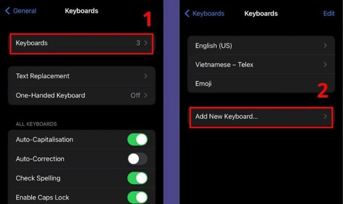 Nhấn vào mục Keyboards đầu tiên, sau đó chọn Add new keyboard...