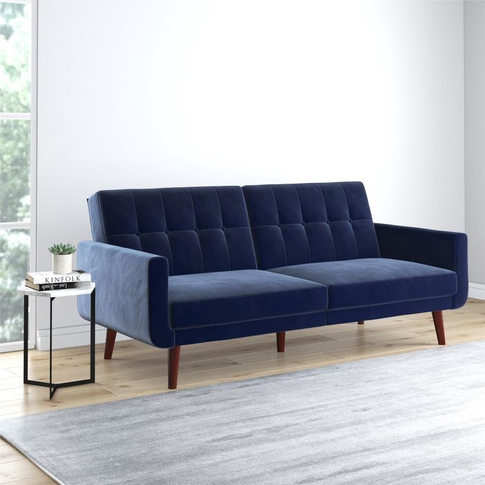 Blue velvet futon in its upright form