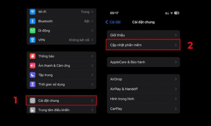Kiểm tra bản cập nhật phần mềm trong mục Cài đặt chung