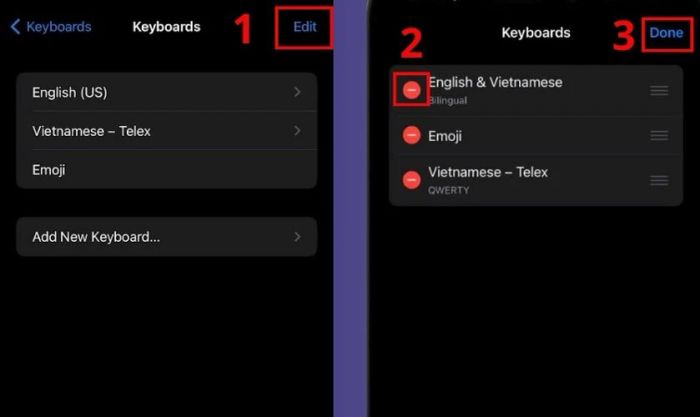Nhấn dấu trừ đỏ bên cạnh chữ English & Vietnamese rồi chọn Done