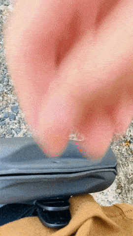 A reviewer taking treats from the clip-on pouch attached to their pants