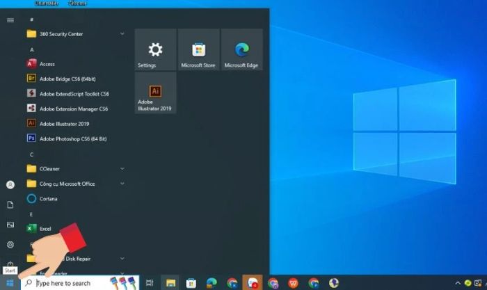 Nhấn vào biểu tượng Start trên thanh taskbar dưới cùng của màn hình