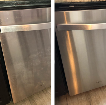 On the left, a reviewer’s stainless steel dishwasher looks foggy, and on the right, the same dishwasher appears sparkling clean after using the cleaning spray