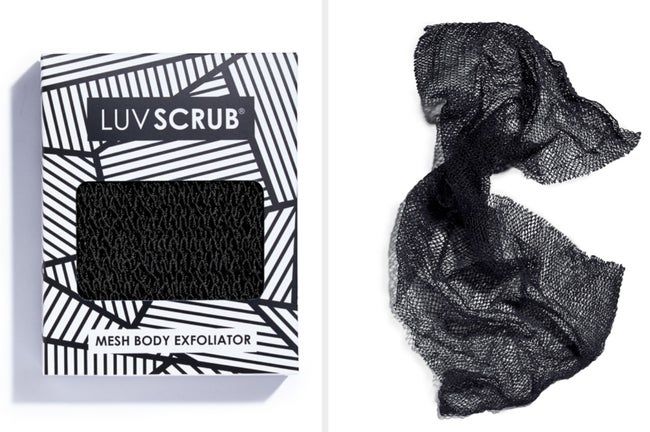 A black mesh exfoliating cloth designed for deep cleansing and smoothing skin.