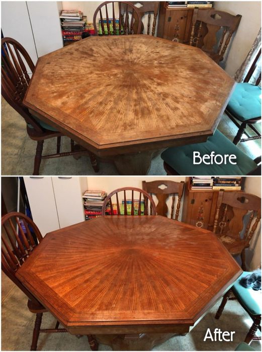 Before photo of a table with fading and water damage, and after photo of the same table, now polished and looking brand new