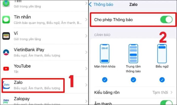 Nhấn vào Zalo, sau đó bật tùy chọn Cho phép thông báo bằng cách gạt công tắc sang màu xanh