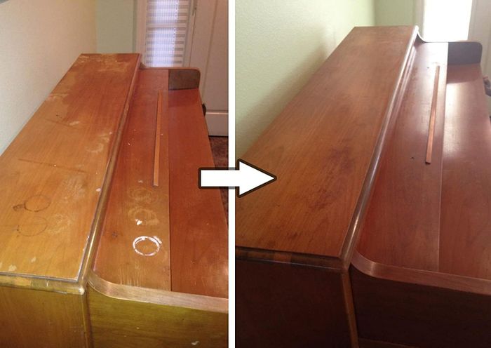 A before-and-after photo showing a wood surface with white watermark rings, followed by the same surface fully restored.