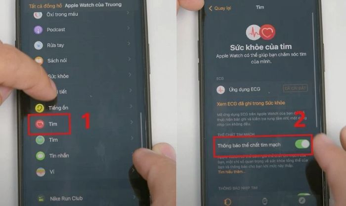 Vào mục Tim và tắt thanh gạt ở mục Thông báo về thể chất tim mạch.