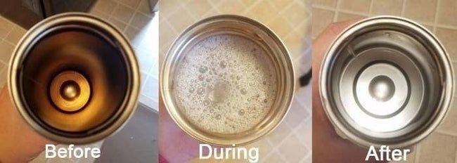A progression image showing a stained mug, the mug filled with foaming liquid, and the mug after it’s been cleaned and shining like new