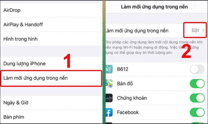 Mở mục Làm mới Ứng dụng trong nền