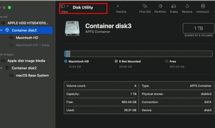 Mở Disk Utility và chọn ổ cứng cần kiểm tra