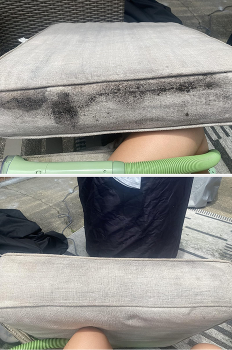A reviewer displays a before-and-after shot of an outdoor cushion.