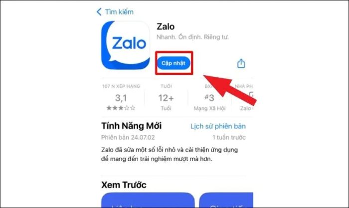 Nhấn vào Cập nhật