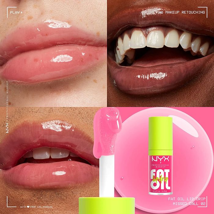 Three models showcasing the light pink gloss on their lips