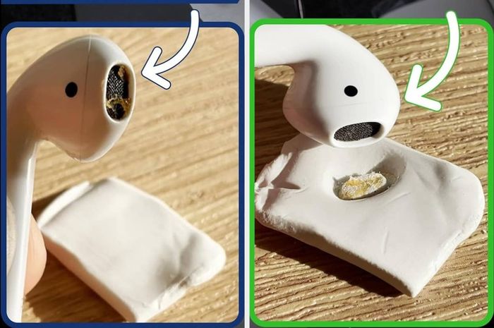Two images showing a close-up of dirty earphones before and after cleaning with the putty.