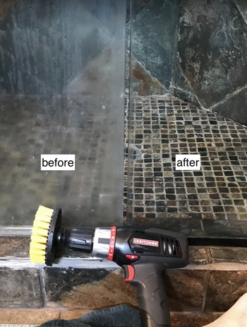 A grimy shower door on the left labeled.