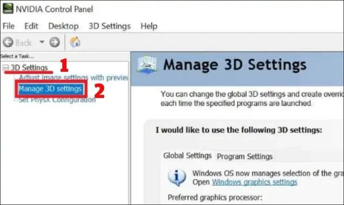Nhấn vào 3D settings, sau đó chọn Manage 3D settings