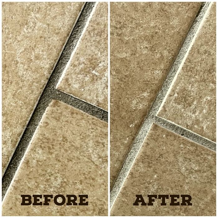 A reviewer’s photo of dark gray grout that’s now a light tan after the cleaning treatment