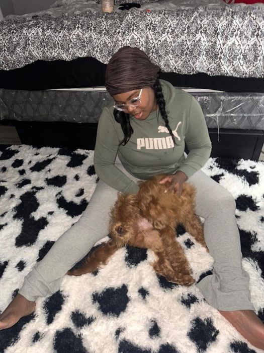 Image of a reviewer and their dog relaxing on the cozy cow print rug.