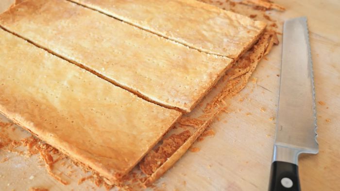 The pastry cut into three even planks.