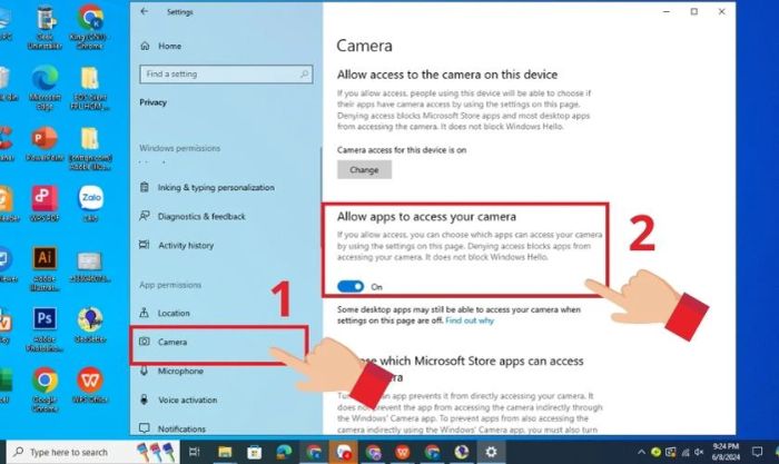Kích hoạt quyền cho phép các ứng dụng truy cập camera