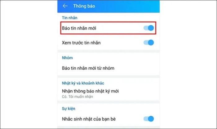 Kéo nút Báo tin nhắn mới sang phải để kích hoạt thông báo