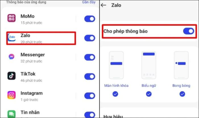 Nhấn vào Zalo, rồi bật tùy chọn Cho phép thông báo bằng cách kéo thanh công tắc sang phải