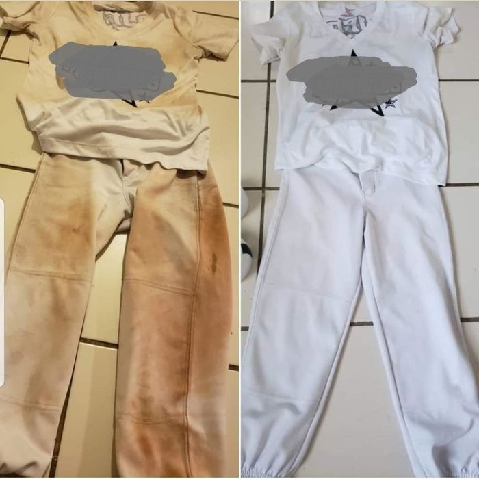 Before and after shots showing a reviewer's T-shirt and pants, originally stained dark brown, now bright and white after using the soap bar for cleaning