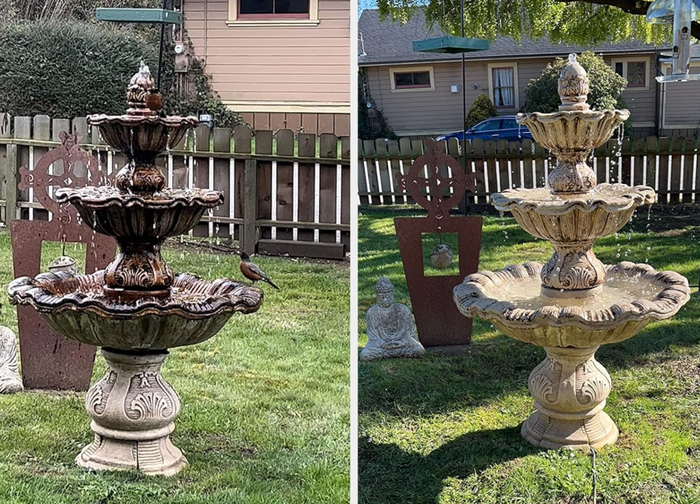 A reviewer’s garden fountain, surrounded by Buddha statues and set in a lush green lawn.
