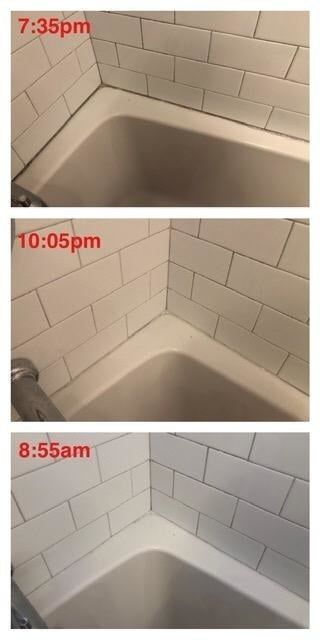 Before-and-after image showcasing the transformation of dark mold and mildew vanishing from shower tile grout overnight