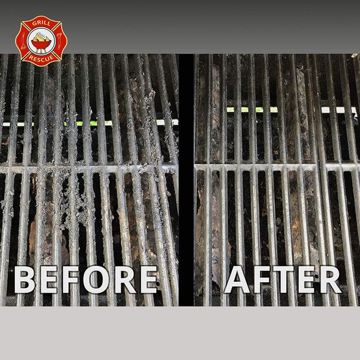 A grill before and after a reviewer used the brush to clean it