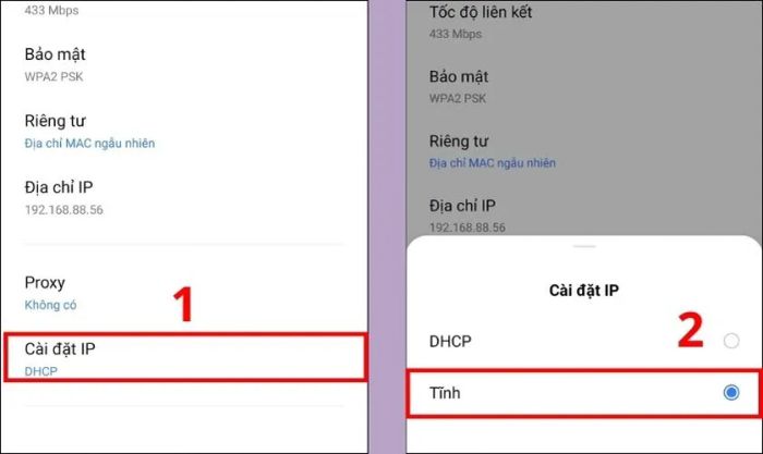 Chọn mục Cài đặt IP và chọn Tĩnh