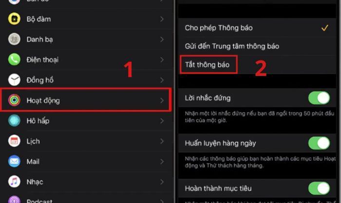 Tìm và chọn mục Hoạt động trong danh sách các tùy chọn.
