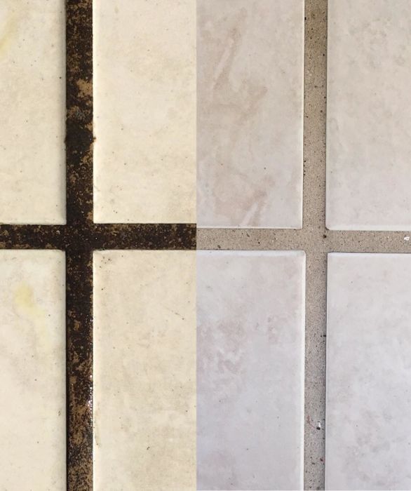 A close-up shot from the reviewer showing dirty grout next to the clean, restored grout.