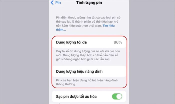 Bạn có thể kiểm tra thông tin về dung lượng pin hiện tại của thiết bị