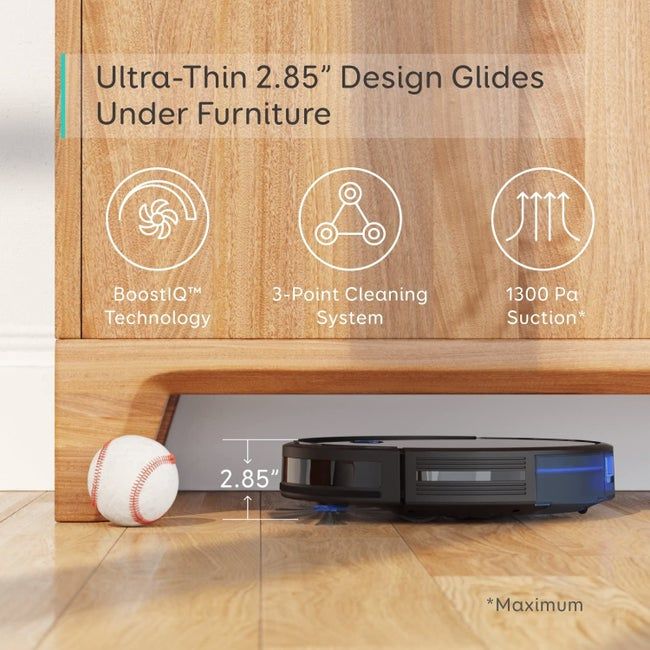 An infographic showing the robot vacuum with its features: BoostIQ Technology, a 3-point cleaning system, and 1300 Pa suction power