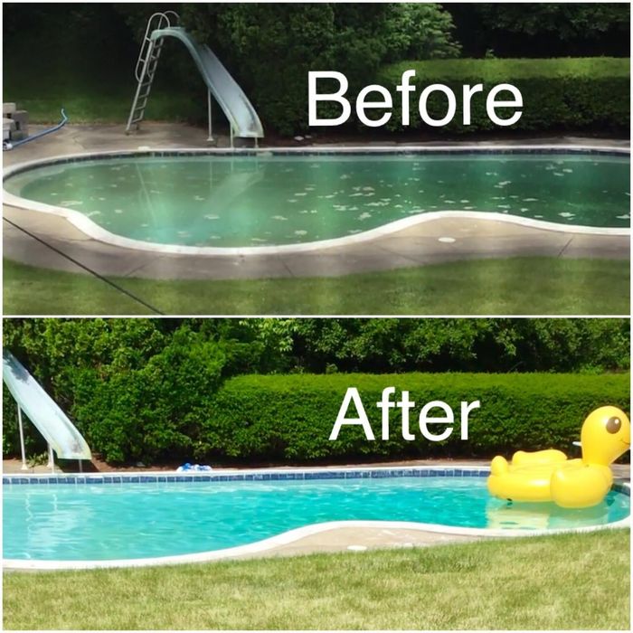 Before photo of a reviewer’s pool looking green and cloudy, next to an after photo of the same pool, now bright blue and crystal clear