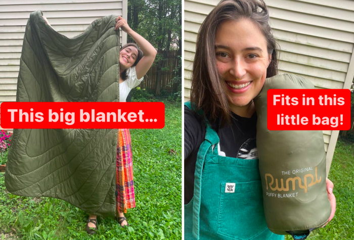 The left side shows Rachel holding the blanket outside her home to highlight its ample size (comparable to a typical throw blanket), while the right side displays the same blanket neatly packed into its compact tote bag.