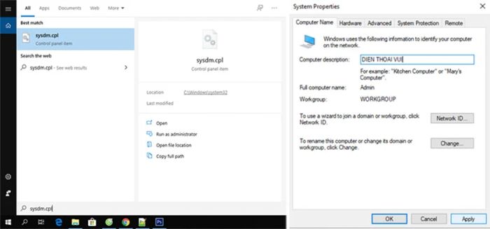 sysdm.cpl là lệnh hỗ trợ thay đổi tên thiết bị